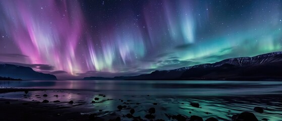 The Stunning Phenomenon Of The Northern Lights Illuminating A Dark Sky. Сoncept Northern Lights, Aurora Borealis, Natural Phenomenon, Dark Sky, Illumination