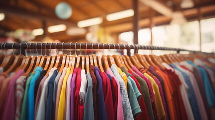 clothes on hangers in blurred store background, Ai generated image