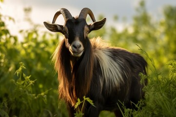 Stubborn Male goat. Nature horn animal. Generate Ai