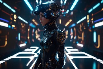 Cyberpunk hacker in a futuristic setting, surrounded by holographic interfaces, intricate code, and virtual reality elements Generative AI
