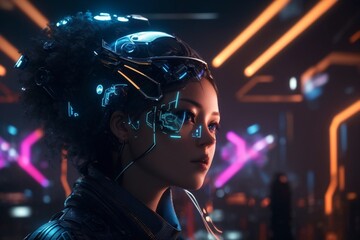Cyberpunk hacker in a futuristic setting, surrounded by holographic interfaces, intricate code, and virtual reality elements Generative AI