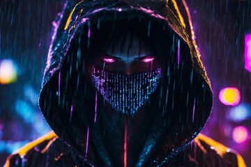 Cyberpunk hacker in a futuristic setting, surrounded by holographic interfaces, intricate code, and virtual reality elements Generative AI