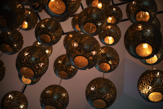 Background from shaining tunisian metal lamps
