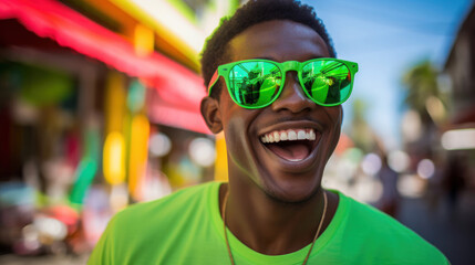 Man in lime green coral background oversized sunglasses