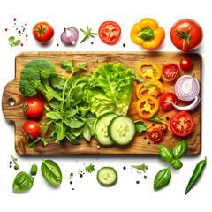 Salad ingredients on a cutting board isolated on white background, realistic, png
