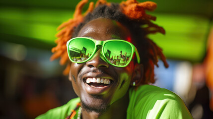 Grinning male radiant green attire lively coral setting