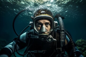 Intrepid Portrait male scuba diver under the water. Exploring underwater world in diving equipment. Generate ai