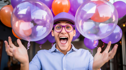 Naklejka premium Excited man lavender shirt coral backdrop colorful balloons