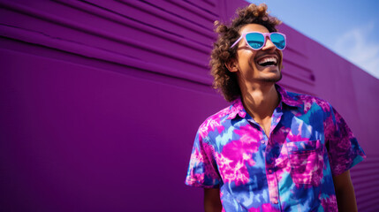 Young man indigo ensemble dynamic magenta scene playful look