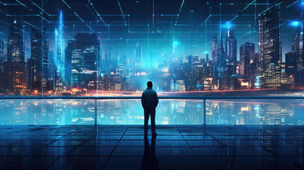 Neon-lit futuristic city holographic displays solitary cybersecurity figure