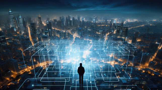 Aerial view of metropolis with digital layers lone figure symbolizing cybersecurity
