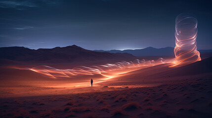Otherworldly digital desert landscape cyber guardian among data streams - obrazy, fototapety, plakaty