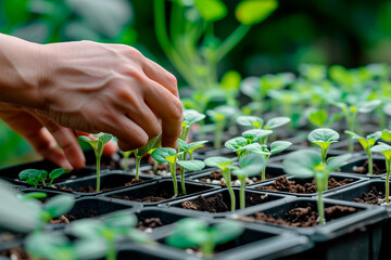 Hands growing seedlings in trays at home