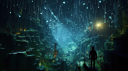 Virtual underwater cityscape cyber diver amid glowing data streams