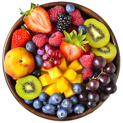 Naklejka na ściany i meble Fresh fruit assortment in a bowl isolated on white background, grunge, png 