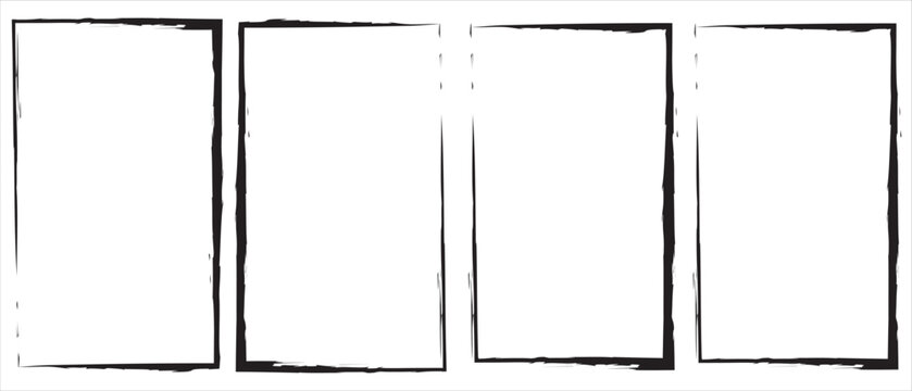 Grunge square and rectangle frame, stories and social network media. Template with brush stroke. Rectangular border with grunge overlay. Set of vector illustrations isolated on white background.