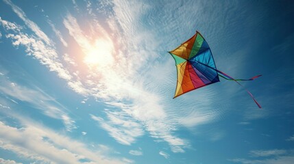 Experience the exhilaration of springtime by soaring high with a colorful kite against a clear blue sky.