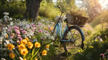 Foto auf gebürstetem Alu-Dibond Fahrrad An idyllic scene captures the essence of spring with a vintage bicycle adorned with fresh flowers.