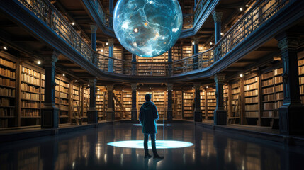 Grand digital library lone librarian timeless cybersecurity wisdom - obrazy, fototapety, plakaty