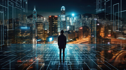 Futuristic glowing code city lone cyber guardian patrols digital streets
