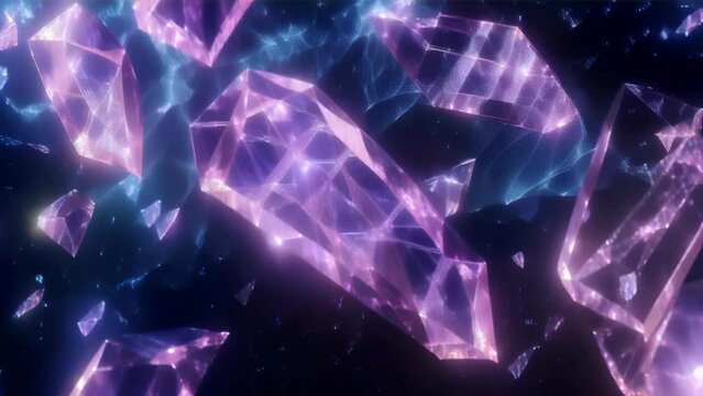 A beautiful visual image of glowing crystal structures floating against a cosmic background.
