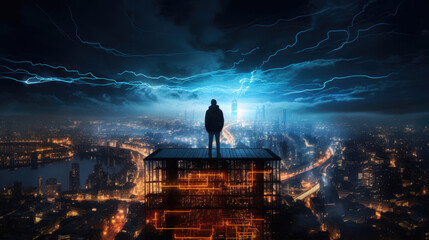 Digital city in cloud of bits with a cyber guardian atop a fiber optic bridge