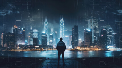 Futuristic city with cyber warrior defending against digital threats - obrazy, fototapety, plakaty