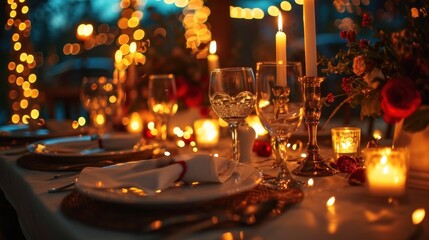 Fototapeta na wymiar Set the mood with a beautifully arranged candlelit dinner scene featuring an elegant table setting.