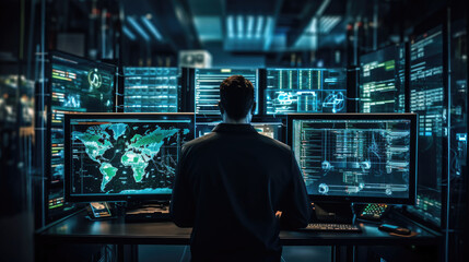 Fototapeta premium Server room technician conducting security audit highlighting IT infrastructure