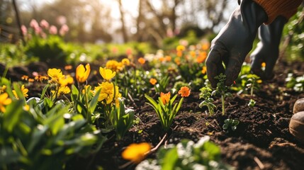Witness the joy of gardening in spring as a pair of hands lovingly tends to blooming flowers and lush green plants.