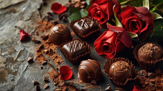 Indulge in the classic combination of chocolates and roses beautifully arranged on a textured background.
