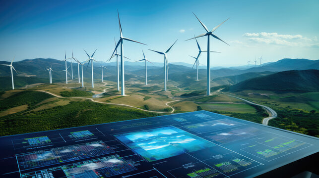 Renewable energy farm with control center showing energy data and cybersecurity