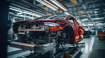 Luxury car plant with robots and craftsmen monitors on production and cybersecurity