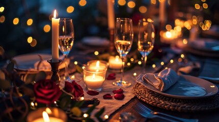 Set the mood with a beautifully arranged candlelit dinner scene featuring an elegant table setting.