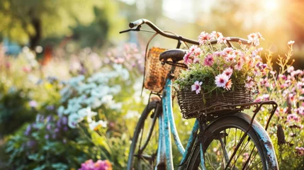 Fototapete An idyllic scene captures the essence of spring with a vintage bicycle adorned with fresh flowers. © olegganko