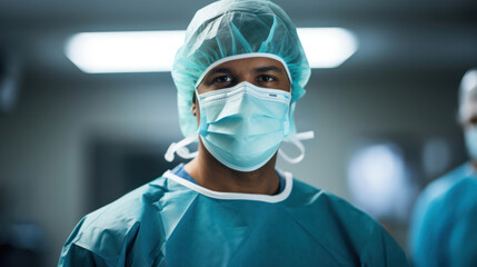 Fototapeta na wymiar Expert surgeon in OR attire epitomizing proficiency and care in surgery
