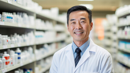 Fototapeta premium Cheerful pharmacist portrait reflecting genuine care in pharmaceutical services