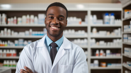 Happy pharmacist among medications symbolizing patient support in pharmacy