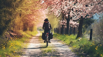 An idyllic scene captures the essence of spring with a vintage bicycle adorned with fresh flowers.