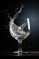 A dynamic capture of water splashing in a clear glass, highlighted against a dark backdrop. The image showcases the liveliness of motion and the beauty of detail. Concept for beverage advertisements.