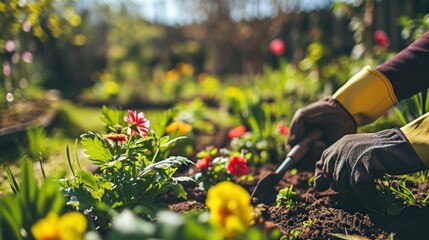 Witness the joy of gardening in spring as a pair of hands lovingly tends to blooming flowers and lush green plants.
