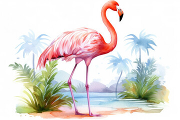 Pink animal tropic bird beauty wild beach nature wildlife watercolor exotic flamingo summer