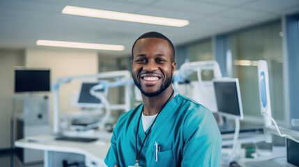 Fototapeta premium Enthusiastic healthcare tech expert ensuring reliability in hospital technology