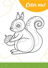 Coloring page for kids with cartoon squirrel.
A printable worksheet, vector illustration.
