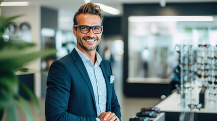 Friendly optician in modern eyewear shop offering personalized customer service