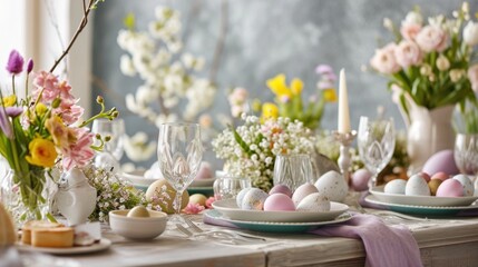 Obraz na płótnie Canvas Showcase sophistication with an image of an elegantly set Easter table adorned with floral arrangements.