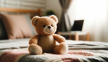 Süßer Teddybär sitzt auf gemütlichem Bett zu Hause - obrazy, fototapety, plakaty