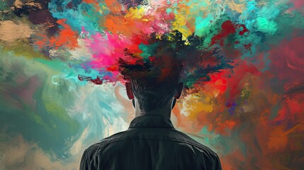 Man in profile with colorful paint splashes on his head, conceptual image