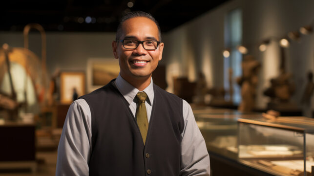 Knowledgeable educator in museum setting inspiring interest in historical exhibits