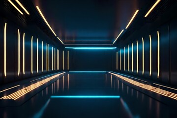 Sci-Fi neon glowing lamps illuminating a dark tunnel, with reflections on the floor and walls creating a mesmerizing visual effect.